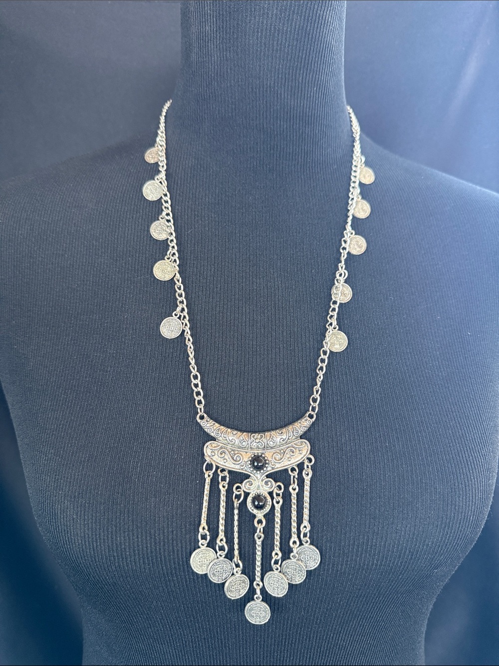 Boho tribal coin fringe statement necklace